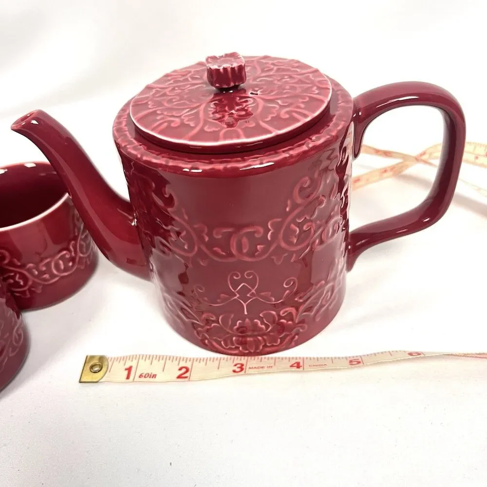 Teavana Rohan Pattern Red Ceramic 5 Pc Teapot Lid & 4 Cups Embossed Small Chip